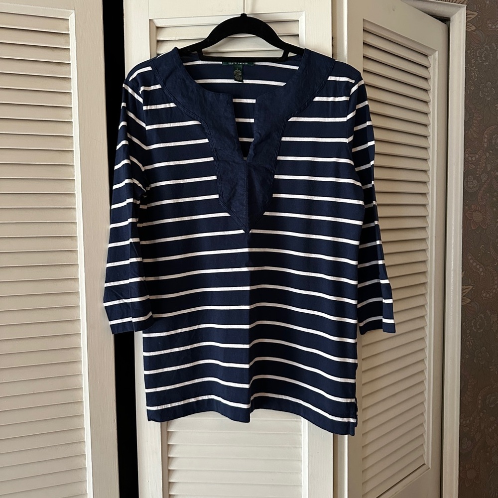 Ralph Lauren Blue and White 3/4 Sleeve Bib Collar Tunic